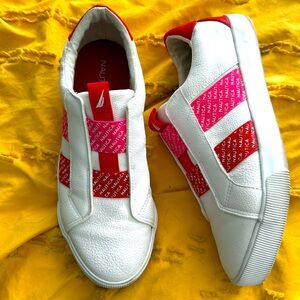 Nautica pink red white slip on leather sneakers 9.5